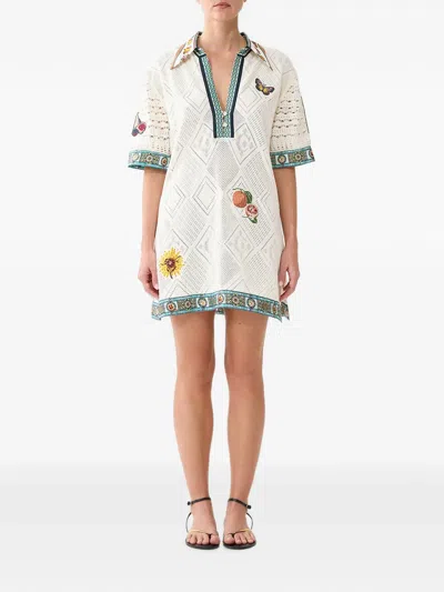Camilla Embroidered Pointelle-knit Tunic In Neutral