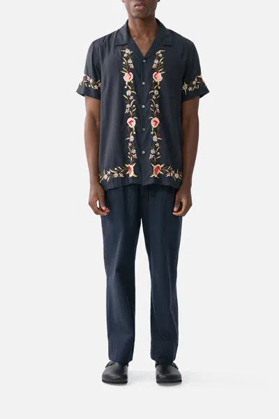 Camilla Embroidered Short Sleeve Camp Collared Shirt Daughters Of Duende In Black