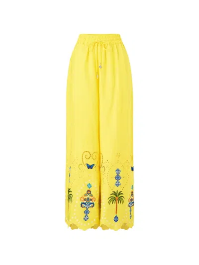 Camilla Embroidered Straight-leg Linen Trousers In Yellow