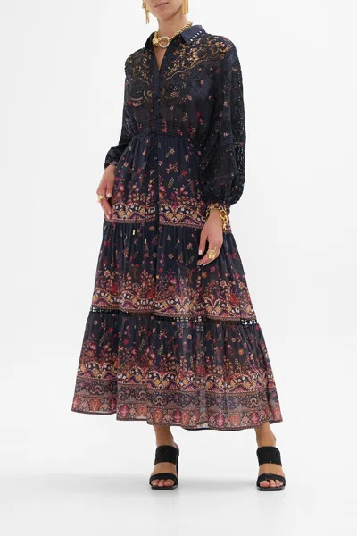 Camilla Embroidered Tiered Long Shirt Dress Loom To Tomb In Multi