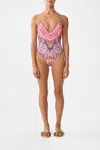 Camilla Embroidered Tri One Piece With Tie Back Patchwork Panorama In Pink