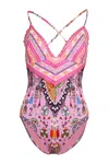 Camilla Embroidered Tri One Piece With Tie Back Patchwork Panorama In Pink