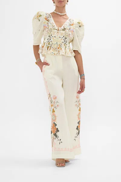 Camilla Embroidered Wide Leg Waisted Pant In Honour Of Heirlooms In White
