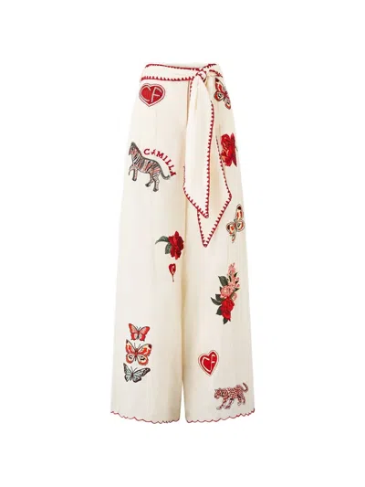 Camilla Embroidered-details Scarf-belt Wide-leg Linen Trousers In Neutral