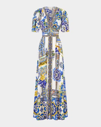 Camilla Espana Nirvana Shaped Waistband Dress With Flutter Sleeves In Multi