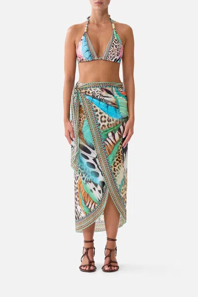 Camilla Eyelet Wrap Long Sarong W Tie Waist Butterfly Bohemia In Blue-green