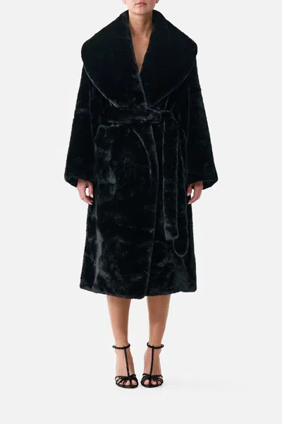 Camilla Faux Fur Long Wrap Coat Night Garden In Black