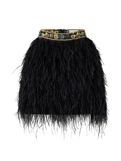 Camilla Feather Embellished-waistband Mini Skirt In Black