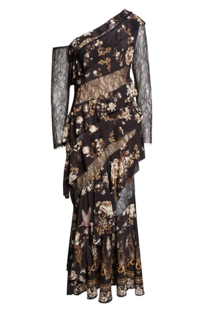 Camilla Flamenco Floral Print Long Sleeve Tiered Silk Maxi Dress In Black