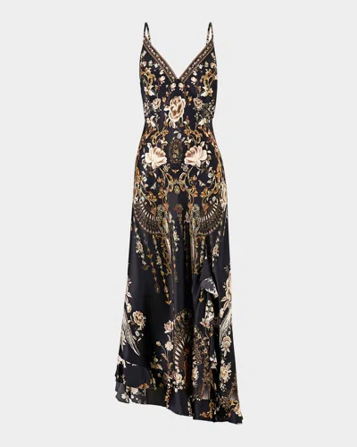 Camilla Flamenco Folklore Bias Slip Dress With Frill Hem In Black