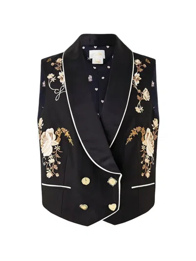 Camilla Flamenco Folklore Floral-embroidered Waistcoat In Black