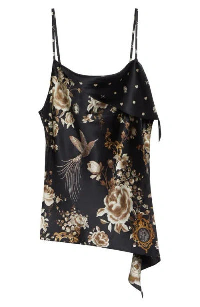 Camilla Asymmetric Draped Embellished Embroidered Printed Silk-satin Top In Black