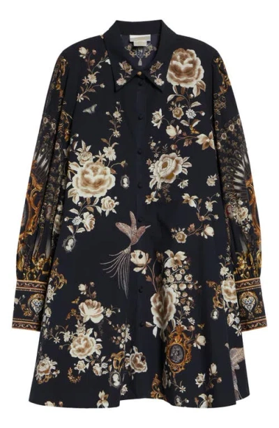 Camilla Flamenco Folklore Print Long Sleeve Organic Cotton Poplin Shirtdress In Black