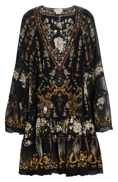 Camilla Flamenco Folklore Print Long Sleeve Tiered Ruffle Silk Minidress In Black