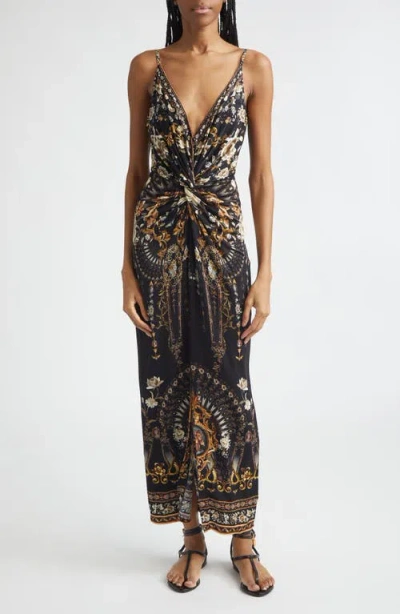 Camilla Flamenco Folklore Print Strappy Twist Front Jersey Maxi Dress In Black