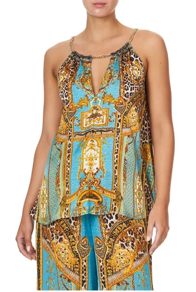 Camilla Flared Cami With Neck Tie Dripping In Decadence In Blue