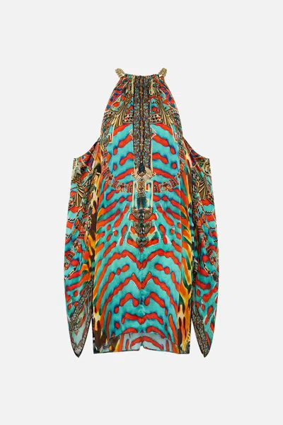 Camilla Flared Sleeve Cold Shoulder Short Kaftan Desert Visions In Pattern