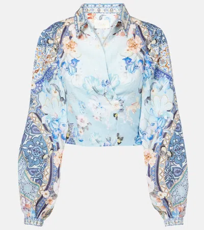Camilla Floral Cropped Linen Wrap Top In Blue