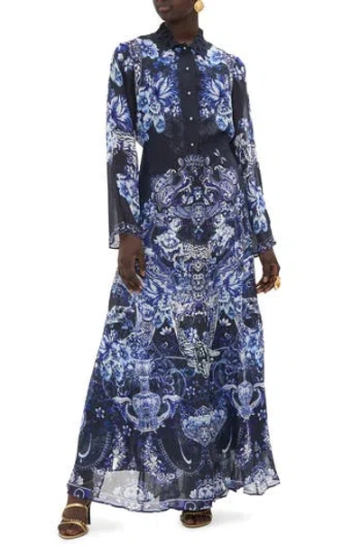 Camilla Floral Cutwork Lace Collar Long Sleeve Silk Shirtdress In Navy
