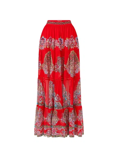Camilla Floral-detail Tiered Maxi Skirt In Red