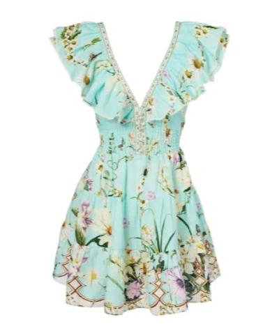 Camilla Floral Embellished Linen Minidress In Green