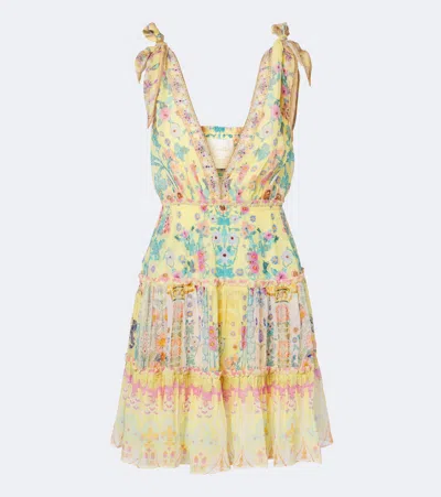 Camilla Floral Embellished Tiered Minidress In Yellow