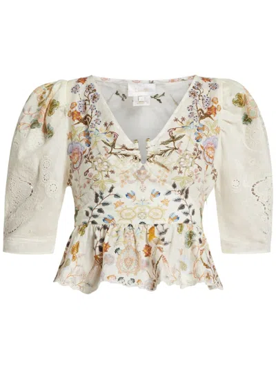 Camilla Floral-embroidered Top In Neutrals