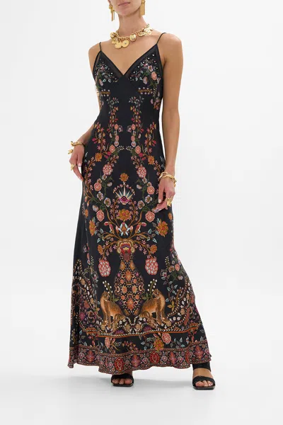 Camilla Floral Jacquard Full Length Bias Slip Dress Loom To Tomb In Black