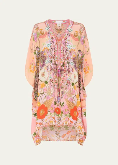 Camilla Floral Lace-up Mini Kaftan In Clever Clogs