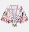 Camilla Monserrate Magic Cropped Tie-front Crystal-embellished Printed Linen Top In Multicoloured