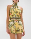 Camilla Floral Linen Halter Tie-back Top In Paths Of Gold