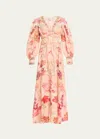 Camilla Floral Linen Shaped Waistband Maxi Dress In Blossoms And Brus