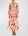 Camilla Floral Linen Shaped Waistband Maxi Dress In Blossoms And Brushstrokes