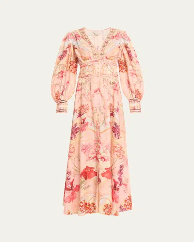 CAMILLA FLORAL LINEN SHAPED WAISTBAND MAXI DRESS