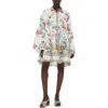 Camilla Floral Long Sleeve Linen Shift Dress In Plumes And Parterres