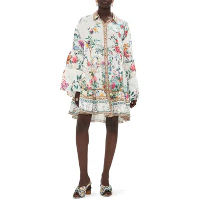 Camilla Floral Long Sleeve Linen Shift Dress In Grey/white