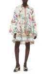 Camilla Floral Long Sleeve Linen Shift Dress In Plumes And Parterres