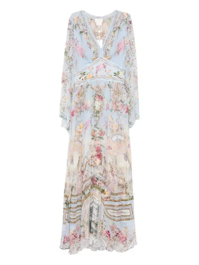 Camilla Tiled In Time Long Sleeve Silk Chiffon Maxi Dress In Gray