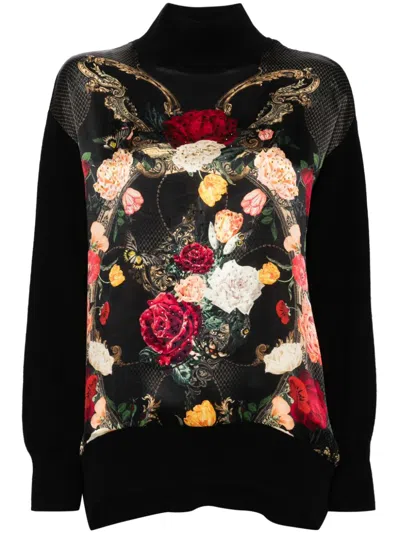 Camilla Floral-print Knitted Top In Black