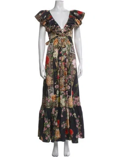 Pre-owned Camilla Floral Print Long Dress W/ Tags In Black