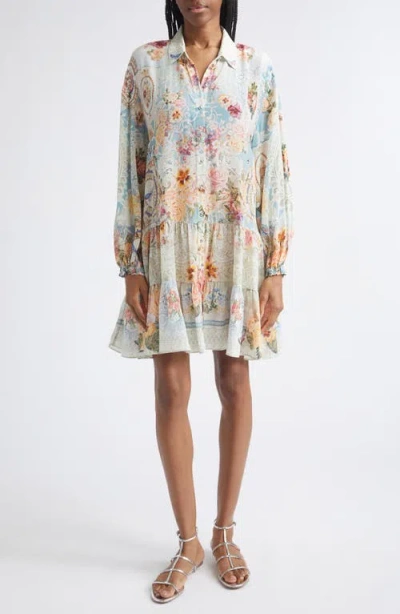 Camilla Floral Print Long Sleeve Silk Shirtdress In White