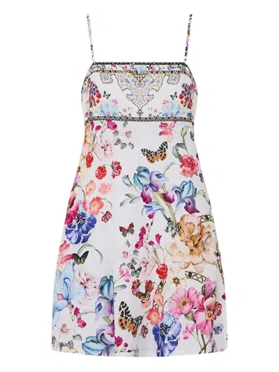 Camilla Embellished Floral-print Linen Mini Dress In White