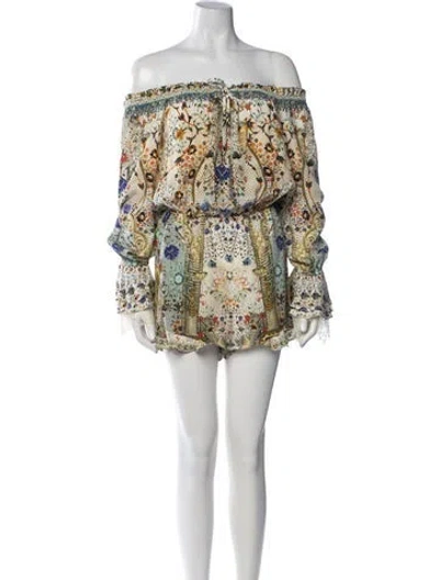 Pre-owned Camilla Floral Print Off-the-shoulder Romper In Neutrals