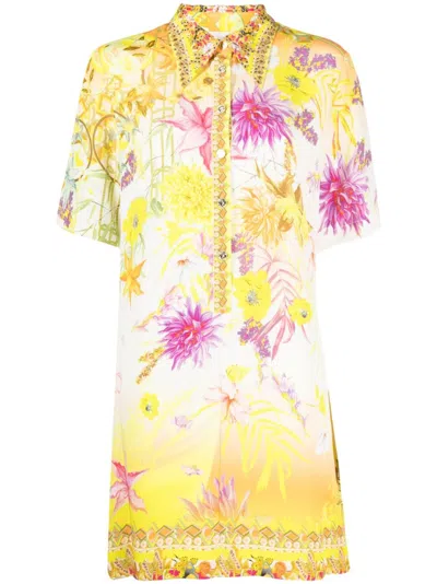 Camilla Floral-print Short-sleeved Silk Dress In Yellow