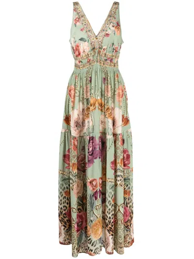Camilla Floral-print Silk Dress In Grün