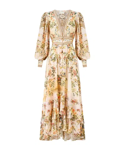 Camilla Floral Printed Long Button Front Dress In Yellow