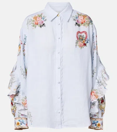 Camilla Floral Ruffled Linen Shirt In Blue