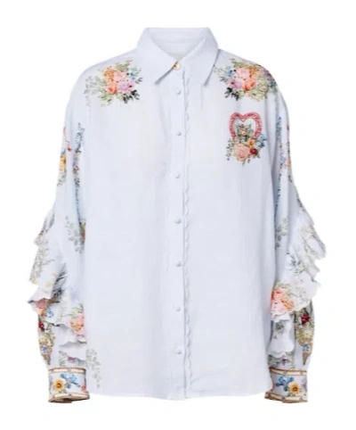 Camilla Floral Ruffled Linen Shirt In White