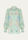 Shop Camilla Floral Silk Button-front Blouson-sleeve Blouse In Dreaming In Dutch