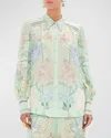 Camilla Floral Silk Button-front Blouson-sleeve Blouse In Dreaming In Dutch